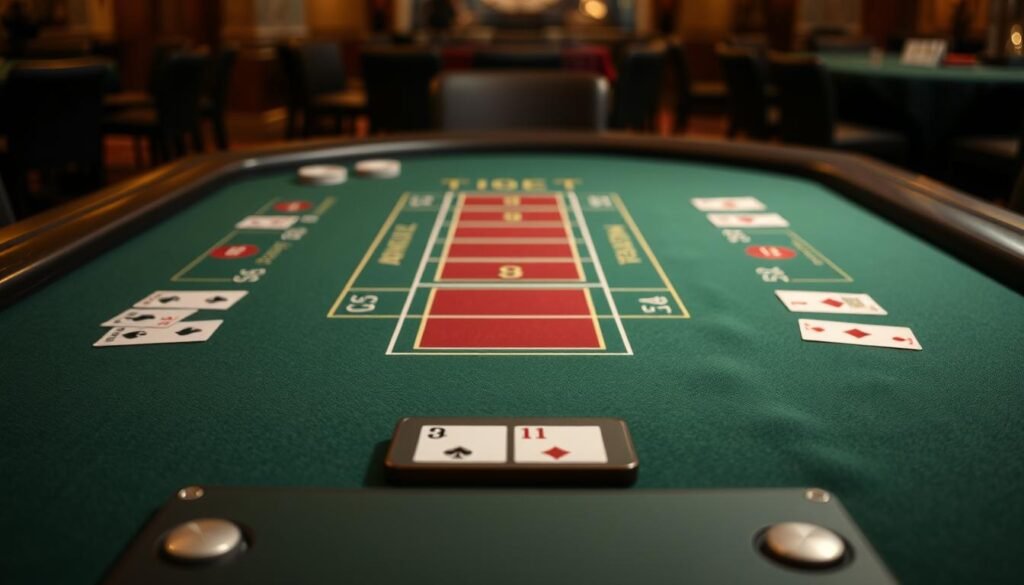 A neatly arranged table with a green felt surface, showcasing the classic baccarat game layout. In the foreground, the dealer's station is prominently displayed, with the area for placing bets clearly delineated. The middle ground features the player and banker positions, along with the areas for the tie bet and other popular wagers. The background subtly blends the elegant ambiance of a high-end casino, with subtle lighting and a sense of sophistication. The scene conveys the importance of understanding the fundamental rules and mechanics of this timeless card game, as the pathway to mastering the art of baccarat.
