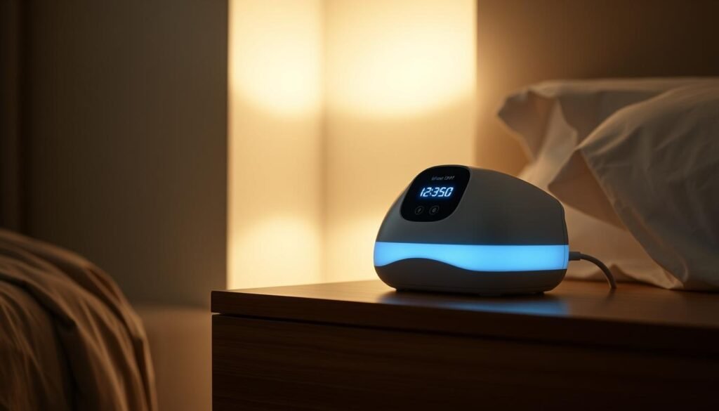 A sleek, minimalist medical device with a smooth, curved design. The iCareCPAP sleep apnea machine sits atop a wooden nightstand, casting a soft, warm glow. The device's display emits a gentle blue light, indicating its active status. The surrounding environment is a cozy, dimly lit bedroom, with neutral-toned walls and plush bedding. The scene conveys a sense of comfort and ease, showcasing the iCareCPAP as a discreet, unobtrusive solution for managing sleep apnea and promoting restful sleep.