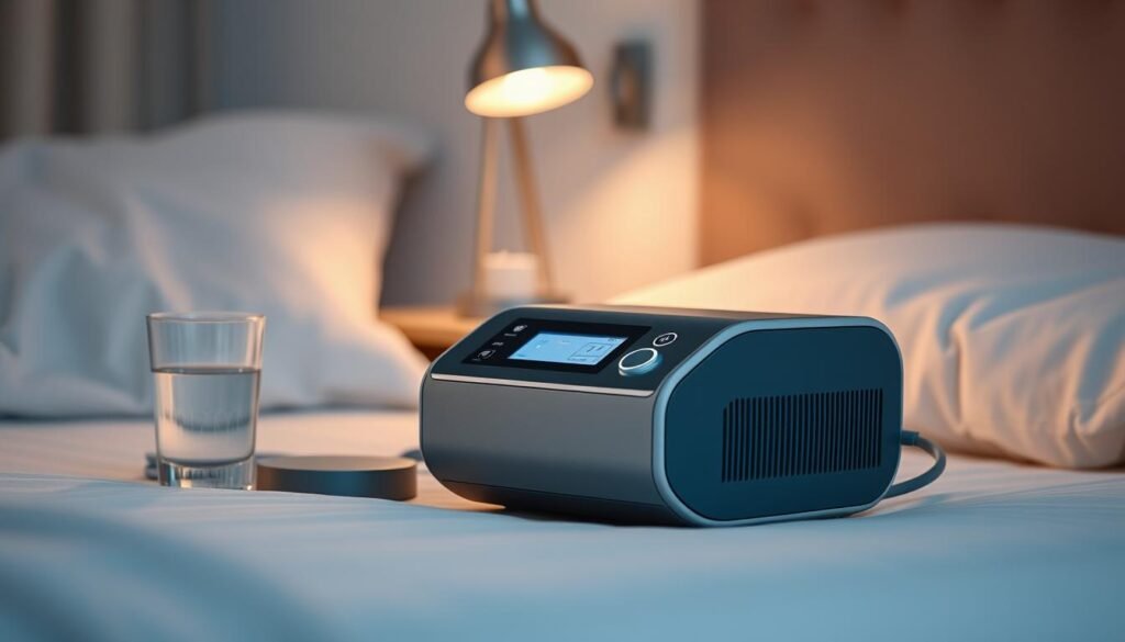 A sleek, modern iCareCPAP sleep apnea machine rests on a bedside table, its clean lines and muted grey-blue tones blending seamlessly with the minimalist bedroom decor. The device is positioned alongside a glass of water and a small reading lamp, creating a calming, therapeutic atmosphere. Soft, diffused lighting from the lamp casts a warm glow, illuminating the machine's intuitive controls and display. The scene conveys a sense of ease and comfort, hinting at the restorative power of the iCareCPAP system to facilitate restful, uninterrupted sleep.