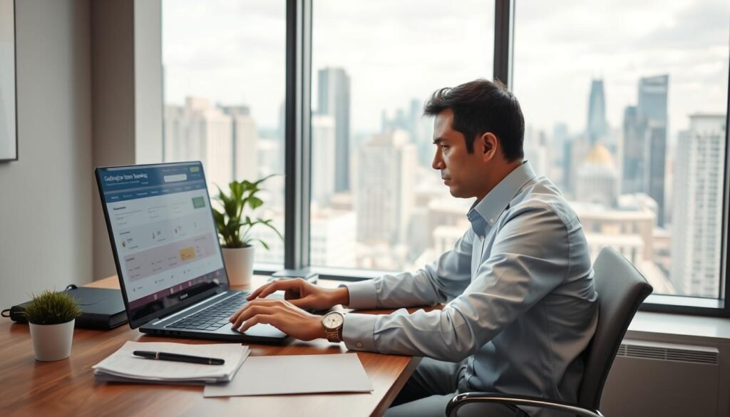 A well-lit office scene with a person sitting at a desk, focused on a laptop screen. The desk is neatly organized, with a stack of documents, a pen holder, and a potted plant adding a touch of greenery. The person's expression conveys determination as they navigate the online banking interface, exploring loan options without the need to check credit scores. The background features a large window overlooking a bustling city skyline, conveying a sense of urban professionalism and financial opportunity. The overall atmosphere is one of efficiency, confidence, and a streamlined approach to securing a bank loan.