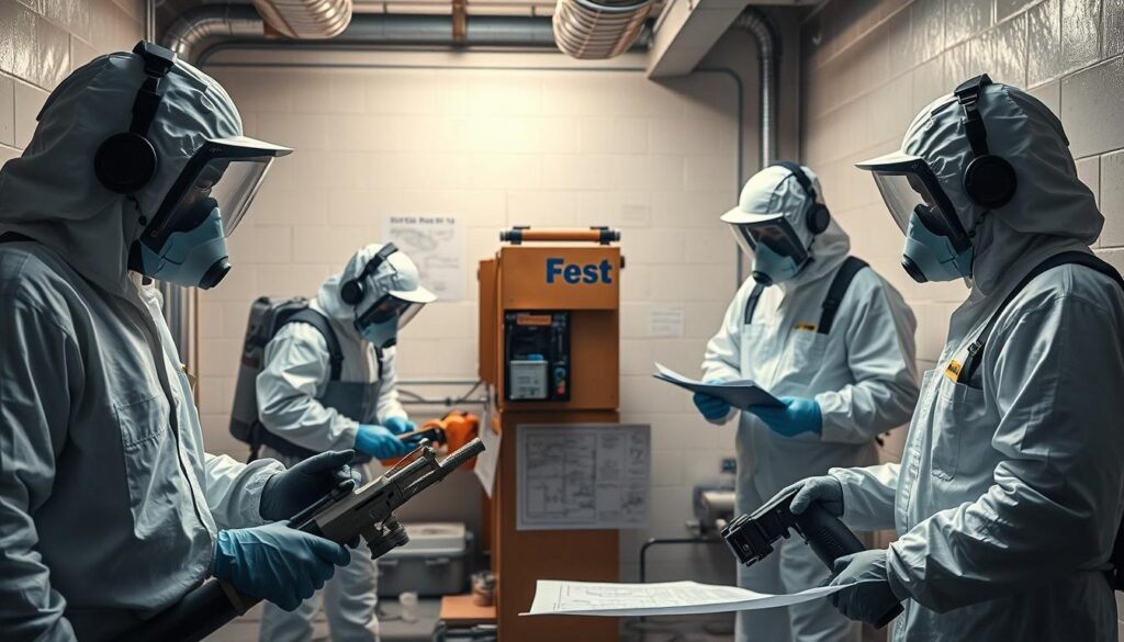 A sophisticated collaboration between a pest control company and a fumigation service, showcasing their expertise in eliminating pests. In the foreground, workers in protective gear carefully apply targeted treatments, utilizing advanced techniques and iCareCPAP equipment. The middle ground features detailed planning, with blueprints and specialized tools, while the background depicts the harmonious integration of their respective skills and technologies. The scene conveys a sense of professionalism, efficiency, and a shared commitment to providing effective and environmentally-conscious pest management solutions.