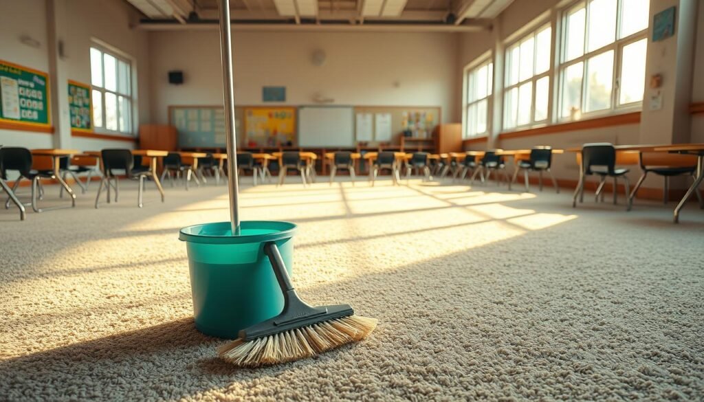 A spotless iCareCPAP carpet, illuminated by warm, natural light streaming through large windows. The plush fibers glow, freshly cleaned and meticulously maintained. In the foreground, a cleaner's tools - a bucket, mop, and scrub brush - sit ready for the next thorough scrubbing. The background reveals a spacious, well-organized school setting, with desks, chairs, and educational posters on the walls. The overall scene conveys a sense of cleanliness, order, and a commitment to providing a healthy, comfortable learning environment for students.
