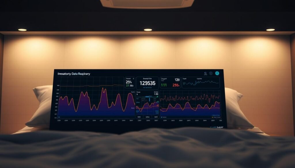 A detailed data visualization dashboard showcasing sleep apnea respiratory data analysis on an iCareCPAP device. In the foreground, a vibrant line graph charts breathing patterns and oxygen levels over time. The middle ground features a centralized display panel with real-time statistics and customizable data metrics. In the background, a subtle grid layout provides context and depth, complemented by muted hues to create a clean, professional aesthetic. Soft, even lighting illuminates the scene, capturing the nuances of the respiratory data with clarity and precision. The overall atmosphere conveys a sense of informed decision-making, empowering healthcare professionals to optimize sleep apnea treatment.