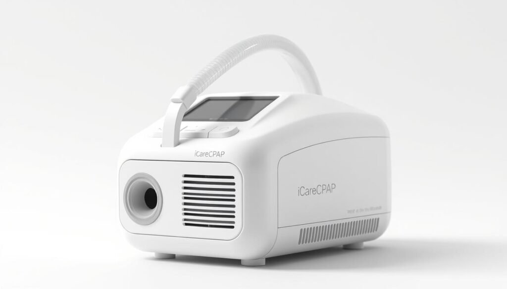 A detailed, high-quality 3D render of a modern sleep apnea CPAP machine, branded as "iCareCPAP". The device is shown in a neutral, white or light grey color, with a minimalist, sleek design. The machine is set against a plain, bright background, with soft, natural lighting from the front, creating a clean, clinical aesthetic. The machine's key features are clearly visible, including the air inlet, exhaust port, and control panel. The overall composition emphasizes the technical nature and medical purpose of the device, conveying a sense of professionalism and reliability.