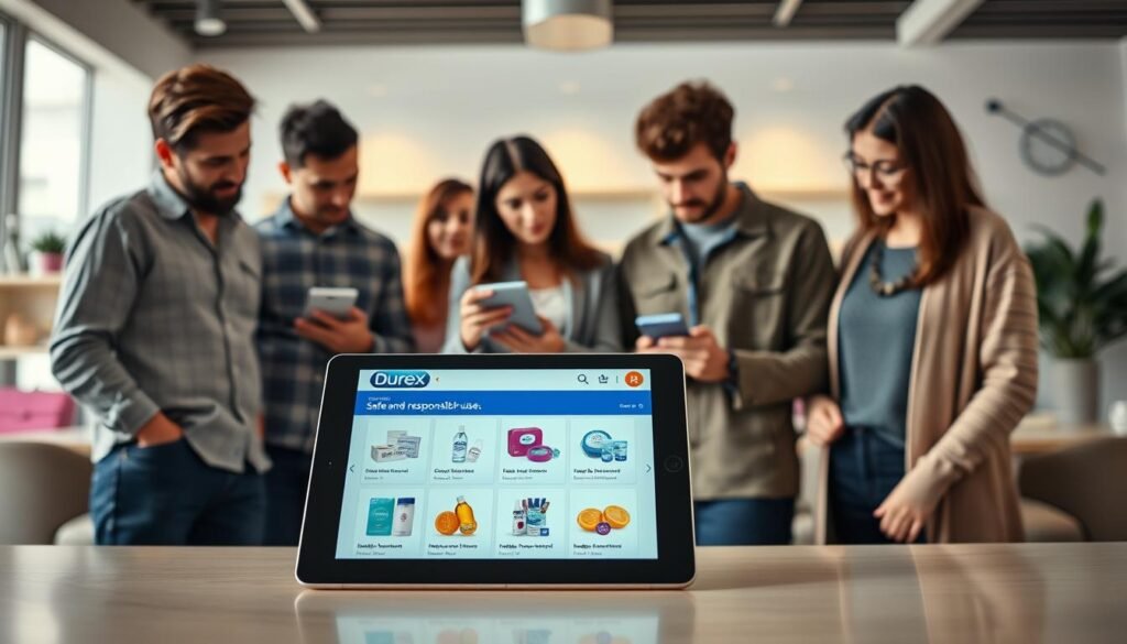 A well-organized Durex shopping guide layout, focusing on safe and responsible use. In the foreground, display a tablet showing a professional and user-friendly interface of an online shopping platform featuring various Durex products, including condoms, lubricants, and intimacy enhancement items. In the middle ground, include a diverse range of individuals in modest casual clothing, examining the tablet with curiosity and interest, reflecting engagement and positive discussion about safe practices. In the background, create a clean, modern interior setting with soft lighting, emphasizing a relaxed, informative atmosphere. Use a wide-angle lens effect to capture the warmth and comfort of the environment, ensuring a cohesive, inviting scene.