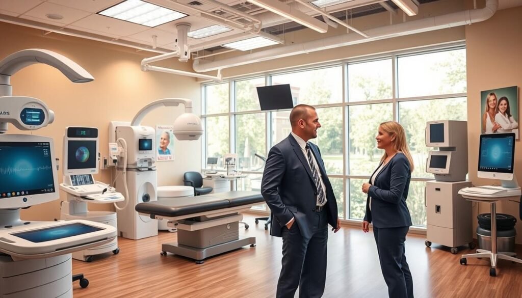 A modern day medical center equipped with advanced medical devices, showcasing various healthcare tools like a digital examination table, diagnostic imaging equipment, and monitoring machines. In the foreground, a healthcare professional clad in smart business attire is interacting with a patient, both appearing engaged and comfortable. The middle ground features a clean, well-organized treatment area, with posters on the walls promoting health and wellness. The background reveals large windows allowing natural light to flood in, creating a warm, inviting atmosphere. The scene is captured with a slightly elevated angle to emphasize the spaciousness and accessibility of the center, all while maintaining a professional and serene mood, highlighting the functionality and advantages of the day medical center.