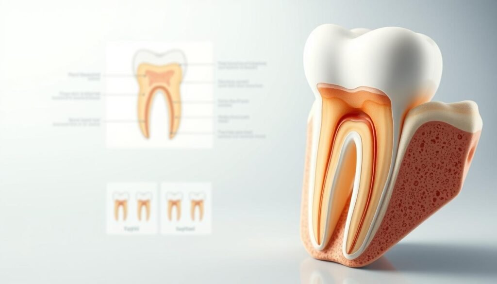 A detailed anatomical illustration of a tooth, specifically highlighting the root canal system of a molar tooth in a realistic and educational manner. In the foreground, depict the tooth with a clear view of its roots, showcasing the intricate structures including the pulp chamber, root canals, and surrounding tissues. In the middle ground, include a labeled diagram with an emphasis on the biological functions of the tooth and root canal. The background should feature a soft gradient, enhancing the focus on the tooth while maintaining an academic tone. Utilize soft, diffused lighting to create a clinical feel, emulating a dental examination setting. Aim for a polished, professional atmosphere, suitable for educational use, without any text or overlays.