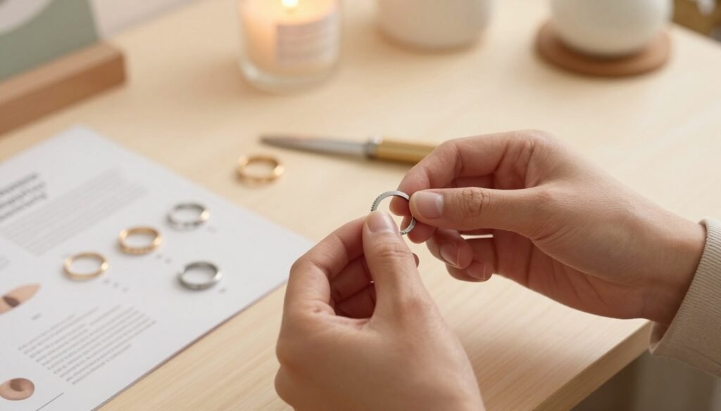 A serene and informative scene illustrating the preparation steps for correctly using timing rings and durable rings. In the foreground, a close-up view of a pair of hands, wearing modest clothing, skillfully demonstrating the proper handling of a timing ring. The hands are meticulously positioned to show the step-by-step process. The middle ground features a softly lit tabletop with a few professionally arranged rings, tools, and a clear instruction manual, enhancing the educational context. The background should have warm, inviting colors and subtle decorations, creating a cozy and intimate atmosphere. Use warm lighting to evoke a sense of calm and trust, with a shallow depth of field to focus on the hands and rings. The composition should be framed in a 4:3 aspect ratio, emphasizing the warmth and care involved in this delicate process.