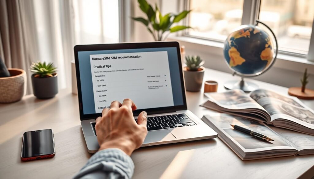 A serene, modern workspace showcasing a laptop displaying the interface of a Korean eSIM recommendation, surrounded by travel essentials like a smartphone, a VPN application on the screen, and a travel guidebook. In the foreground, a pair of hands adjusts settings on the laptop, emphasizing the practical tips section. The middle ground features stylish, professional office decor, such as potted plants and a globe. In the background, a soft-focus window reveals a bright day outside, symbolizing connection and freedom. The lighting is warm and inviting, casting gentle shadows that create a relaxed atmosphere. The overall mood is informative and empowering, depicting a sense of security and preparedness for travelers utilizing Korean eSIMs with VPN settings.