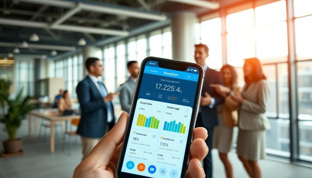 An informative and visually engaging representation of "OceanEsim data plan selection" set in a modern, tech-savvy environment. In the foreground, a smartphone showcasing a sleek user interface related to OceanEsim's mobile data plans, with colorful icons and graphs demonstrating data usage. In the middle ground, a diverse group of professional individuals in business attire are engaged in discussion, pointing at the phone, emphasizing collaboration and technology. The background features a contemporary office space with large windows, allowing natural light to flood the area, creating a bright and optimistic atmosphere. The overall mood should convey innovation and efficiency in data management. The image should have a soft focus on the background, emphasizing the smartphone and people, while maintaining clarity and detail.