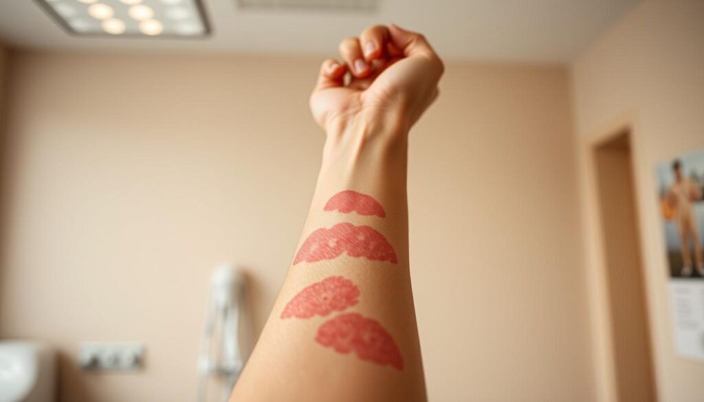 A close-up view of a human forearm displaying eczema symptoms, capturing red, inflamed patches with dryness and scaling. The skin tone is medium, providing contrast against the vivid redness of the eczema areas. In the background, a soft-focus clinic environment with warm, natural lighting to create a clinical yet approachable atmosphere. The lighting gently highlights the texture of the skin, showcasing the eczema's roughness. Use a shallow depth of field to emphasize the forearm while slightly blurring the background, making it less distracting. The overall mood should be informative and empathetic, suitable for educational purposes in a health-related article.