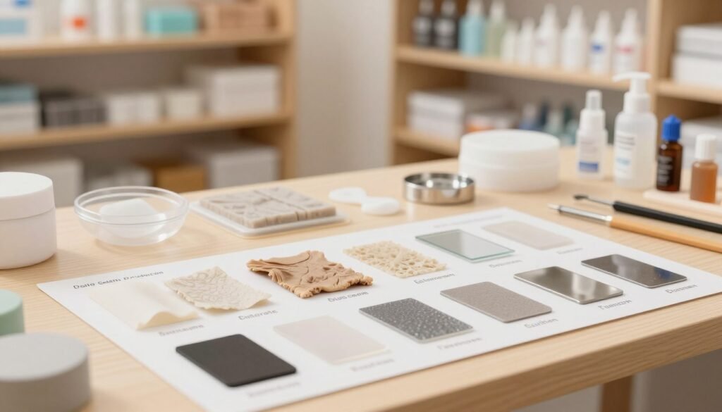 A sophisticated and informative illustration showcasing various materials commonly used in adult products. In the foreground, display neatly arranged samples of different textures and colors, such as silicone, glass, and metal, each labeled with its unique properties. The middle ground features a well-lit workspace with professional tools and materials, emphasizing an educational atmosphere. In the background, softly blurred shelves filled with more materials and product prototypes create a sense of depth. Use warm, natural lighting to evoke a welcoming and informative mood, focusing on clarity and detail. The composition should have a slight top-down angle, capturing the essence of a professional materials overview in a safe and respectful manner.
