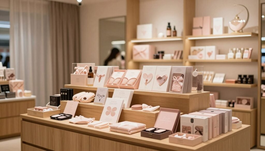 A well-organized display in a Hong Kong adult product and intimacy shop, showcasing a variety of items like intimate accessories, romantic gifts, and wellness products. The foreground features elegantly arranged items on chic wooden shelves, highlighting soft, muted colors. In the middle ground, there are tasteful decorations and neatly labeled sections enhancing the atmosphere, while a warm glow of lighting creates a welcoming ambiance. The background includes subtle yet sophisticated store elements, such as fabric curtains and gentle textures. The overall mood is cozy and intimate, inviting couples to explore. The image captures the essence of a modern retail space dedicated to wellbeing and romance, with a 4:3 aspect ratio, emphasizing a cinematic quality.