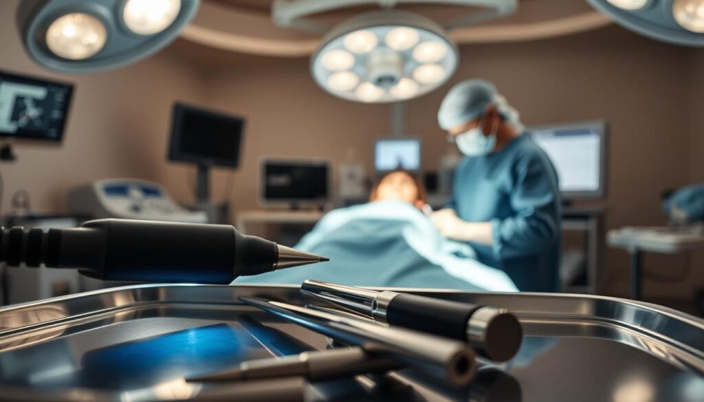 A clinical setting depicting a soft palate suspension surgery for the treatment of severe snoring. In the foreground, a focused view of a surgical laser and instruments arranged on a sterile tray, reflecting overhead lights. In the middle, a surgical table with a patient comfortably anesthetized, monitored by a professional doctor and a nurse in scrubs, both wearing masks and protective gear, concentrating on the procedure. In the background, blurred medical equipment and monitors, softly illuminated to convey a sense of calm professionalism. The lighting is bright but soft, creating a clinical yet reassuring atmosphere. The overall mood is serious and focused, emphasizing the precision and care involved in this medical procedure.