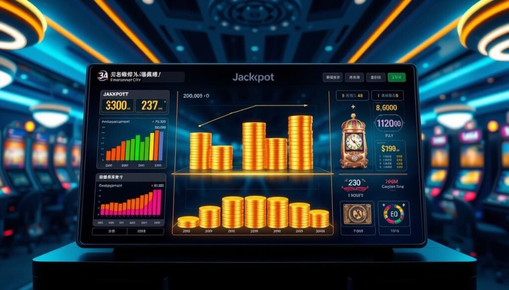 A detailed and informative illustration of "3A Entertainment City" jackpot accumulation structure chart. In the foreground, depict a sleek, modern digital dashboard showcasing various sections of jackpot categories, each brightly colored with distinct graphs and numbers representing real-time accumulation. In the middle layer, incorporate visuals of stacked coins and currency symbols, symbolizing wealth and transparency, with a clear dividing structure to highlight different jackpot levels. The background should feature a soft-focus gaming environment with ambient lighting, suggesting excitement and engagement. Use a wide-angle lens perspective for depth, with cool blue and gold tones to evoke a professional yet inviting atmosphere. Ensure the overall mood conveys a sense of trust and innovation within the gaming industry, aligning with the theme of real-time and transparency in jackpot calculations.