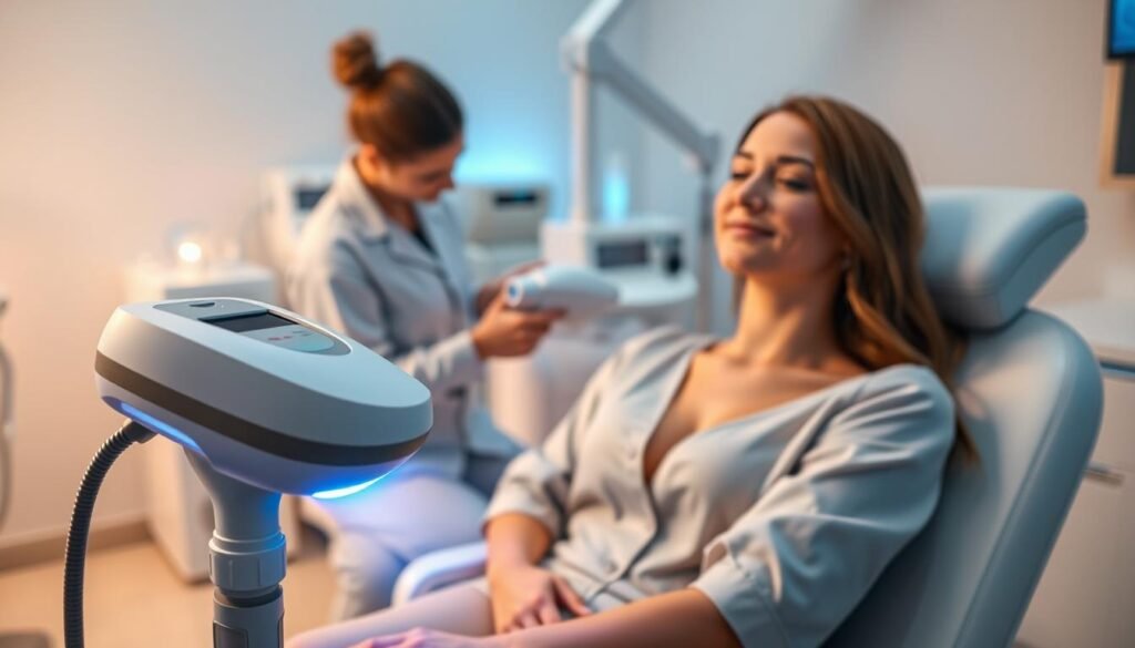 A serene and professional clinical setting showcasing a laser hair removal procedure on armpits or bikini areas. In the foreground, a laser device with a built-in cooling system is visibly emitting a soft, blue light, illuminating the skin gently. A person is seated comfortably, dressed in a modest, professional attire, displaying a relaxed expression, emphasizing the comfort aspect. In the middle, the technician, also in professional attire, is focused on the procedure, highlighting the careful application of the laser technology. The background features clean, sterile elements, such as medical equipment and calming colors. Soft, diffused lighting creates a warm atmosphere, illustrating a sense of safety and effective treatment.