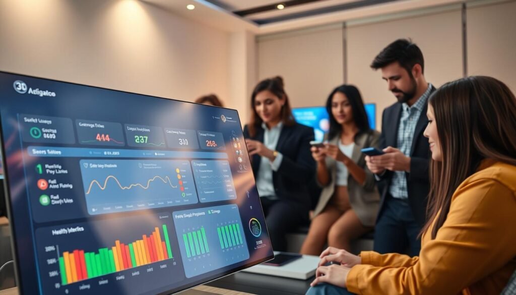 A sleek, modern user interface for a self-management feature, visualizing the essence of 3A Entertainment’s gaming platform. In the foreground, display a high-tech digital dashboard with colorful graphs indicating usage patterns and health metrics, encapsulating a user-friendly design. In the middle ground, a diverse group of individuals in professional attire engage with the interface, showcasing interactions like setting limits or exploring features. The background should hint at a comfortable gaming environment with soft, ambient lighting, subtly highlighting gaming elements like consoles and computer screens. The overall mood is one of empowerment and control, illustrating a balance between gaming and personal responsibility. The angle is slightly elevated, giving a comprehensive view of the interface while capturing the engaged participants.