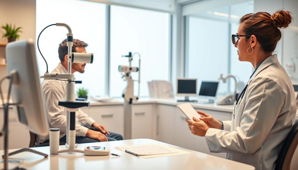 A clinical and informative illustration of a vision correction surgery examination process, featuring a well-lit medical office. In the foreground, a professional eye care technician, dressed in a white lab coat, is attentively conducting a vision test on a patient seated comfortably, both focused on an advanced eye exam device. The middle ground showcases various ophthalmology instruments and eye charts, neatly organized on a counter. The background reveals a bright, sterile environment with soft, natural light streaming through large windows, creating a calm atmosphere. The overall mood is one of professionalism and care, emphasizing the importance of thorough eye examinations for SMILE vision correction patients. The image should be clear and detailed, designed for educational purposes.