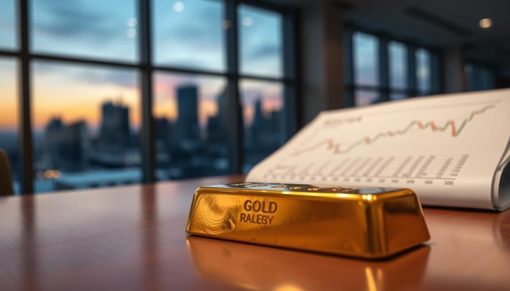 A close-up shot of a shiny gold bar, elegantly placed on a polished wooden table. In the foreground, focus on the intricate details of the gold bar’s surface, showcasing its glimmer under soft, warm lighting. In the middle ground, include an open financial report with graphs and figures illustrated on pristine white paper, hinting at fluctuating gold prices. In the background, a blurred view of a modern office with large windows reflects a city skyline under a twilight sky, adding a professional atmosphere. Capture the mood of investment strategy and analysis, highlighting wealth and decision-making in a sophisticated context. Use a shallow depth of field to emphasize the gold bar and report, while maintaining an overall sense of clarity and professionalism.