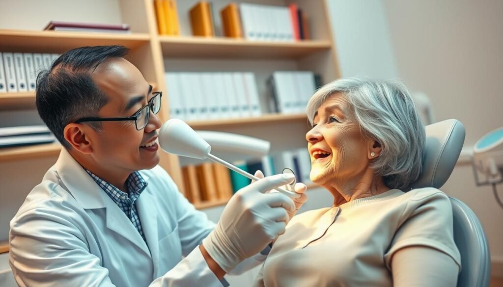 A dental professional in a clean, modern clinic, assessing an elderly patient seated in a dental chair. The dentist, a middle-aged Asian male in a white coat and gloves, closely examines the patient's mouth with a dental mirror and light. The elderly patient, a Caucasian woman with silver hair, appears calm and comfortable, wearing a modest, light-colored shirt. In the background, shelves filled with dental books and equipment enhance the clinical atmosphere. Soft, warm lighting creates an inviting mood, while the angle emphasizes the interaction between the dentist and the patient. The focus is clear on their expressions, reflecting professionalism and care during a health assessment. The overall image conveys a sense of trust and thoroughness in evaluating overall health tied to dental care.