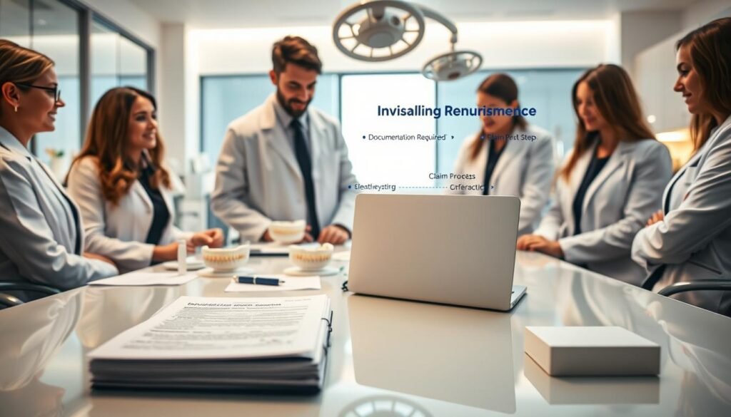 A detailed and structured image depicting the intricacies of Invisalign reimbursement details. In the foreground, a professional dental team, wearing white coats and business attire, is gathered around a sleek modern table filled with paperwork, dental models, and a laptop displaying an Invisalign reimbursement application form. In the middle ground, a clear view of documents with bullet points highlighting important reimbursement details, like 'Eligibility', 'Documentation Required', and 'Claim Process Steps'. The background features a bright, well-lit dental office with modern equipment, creating an atmosphere of professionalism and efficiency. The lighting is soft and warm, illuminating the team and the documents to evoke a sense of collaboration and urgency in handling dental emergencies.