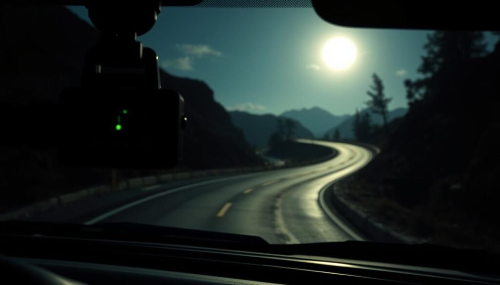 A high-quality image depicting a car's dashcam featuring its night vision function activated. In the foreground, close-up of the dashcam mounted on the windshield with a glowing green LED indicator, suggesting active night vision. The middle ground shows a view through the dashcam's lens, capturing a winding, bumpy road in the mountainous regions of Taiwan, shrouded in darkness with faint outlines of rocky terrain illuminated by moonlight. In the background, soft silhouettes of trees and peaks enhance the eerie yet captivating night atmosphere. The composition should evoke a sense of safety and vigilance, showcasing the importance of advanced technology in monitoring and protecting against potential hazards at night. The lighting should create a contrast between the dark, natural surroundings and the illuminated dashcam features.