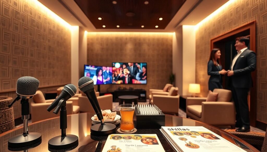 A luxurious KTV private room in a Taipei hotel, showcasing elegant decor and modern amenities. In the foreground, a polished table with high-end microphones and a selection of colorful songbooks, accompanied by tasteful snacks and drinks, suggests a welcoming environment for guests. The middle section features plush seating arranged around a high-definition screen displaying vibrant karaoke visuals, adding to the lively atmosphere. In the background, soft ambient lighting casts a warm glow, emphasizing the inviting textile patterns on the walls and creating an atmosphere of professionalism and comfort. The room is set for a business gathering, with human figures dressed in professional business attire, engaging in friendly conversation. The perspective is from a slightly elevated angle, capturing the entirety of the room’s inviting layout. The overall mood is sophisticated yet relaxed, ideal for ensuring guest satisfaction.