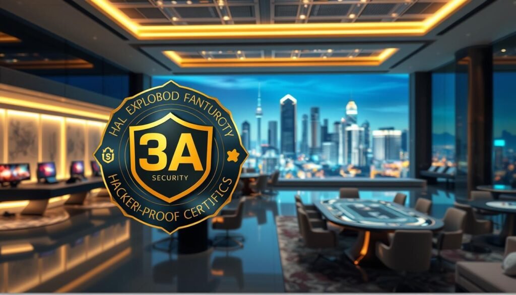 A modern, visually striking digital representation of the "3A Entertainment City" emblem emphasizing security, explosion-proof, and hacker-proof certifications. In the foreground, showcase a stylized badge or shield featuring the "3A" logo, surrounded by an array of futuristic security icons and gold accents. The middle ground includes a high-tech online gaming environment, with elegant, state-of-the-art gaming tables, low-lit ambient lighting, and a vast array of sophisticated gaming equipment. The background features a digitally rendered skyline symbolizing trust and safety, filled with sleek buildings and soft blue and green hues. The atmosphere is one of security, sophistication, and modernity, capturing the essence of a safe online gaming space. Use soft lighting to highlight the details and ensure a professional appearance.