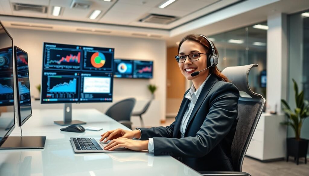 A professional customer service representative sitting at a sleek, modern desk in an office environment. The foreground features the representative, a calm and friendly individual in professional business attire, engaging in a virtual communication on a headset. In the middle ground, various digital screens display graphs and customer queries, illustrating the multifaceted capabilities of 3A's service. The background shows a welcoming and clean office space with soft lighting, creating a focus on the representative’s attentive demeanor. The atmosphere conveys professionalism and efficiency, emphasizing the quick resolution of customer inquiries. The angle is slightly tilted, adding depth to the scene while keeping the focus on the representative's proactive interaction.