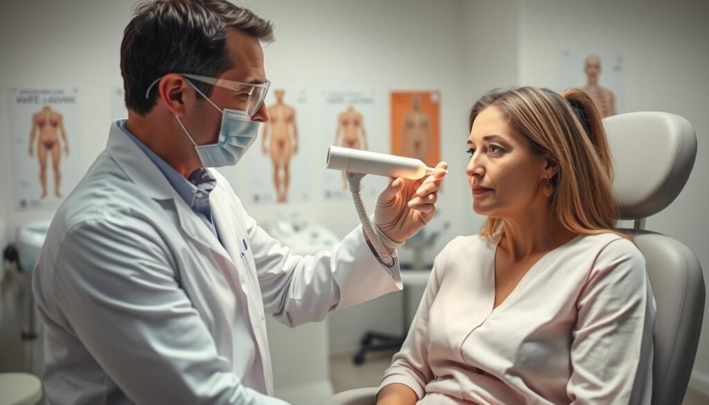 A professional, sterile medical setting focusing on a skincare specialist examining a patient's eyelid for wart removal. In the foreground, a skilled dermatologist dressed in a white lab coat, with safety goggles on, is using a precision laser device. The middle ground shows a patient seated comfortably in a clinical chair, looking relaxed. The background features a well-lit, modern examination room with medical instruments and anatomical posters related to skin treatments. Soft, diffused lighting creates a calm and reassuring atmosphere, emphasizing safety and professionalism. The image captures a moment of expertise and care, highlighting the importance of specialized treatment methods for sensitive areas like the eyelids, ensuring the viewer understands the significance of safety in medical procedures.