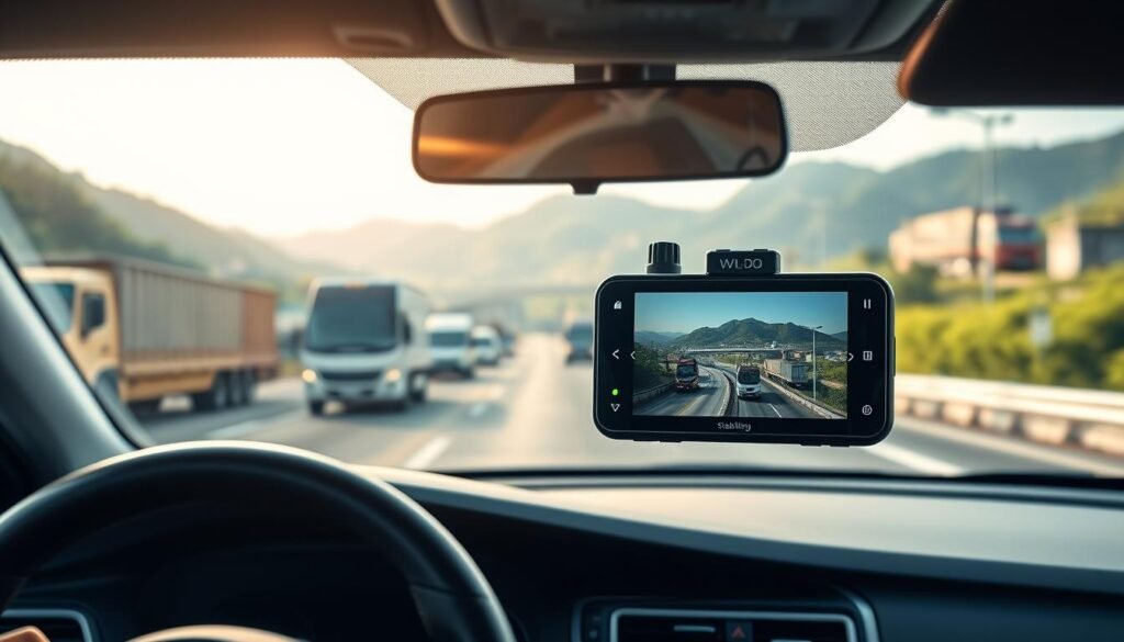 A sleek and modern dashboard featuring a high-tech dashcam prominently positioned in the foreground, capturing clear video footage of a bustling, uneven Taiwanese industrial road. The dashcam shows stabilizing features with visual indicators and highlights, emphasizing its importance in providing steady footage amidst vibrations. The middle ground includes the view through the windshield displaying the rough road, utility vehicles, and industrial buildings to enhance the context. The background features a blurred landscape of Taiwan’s lush hills, suggesting motion. Soft, diffused natural lighting streams through the windshield, creating an optimistic atmosphere. The angle is slightly tilted to reflect the dynamic nature of driving and the critical role of dashcams in road safety and documentation.
