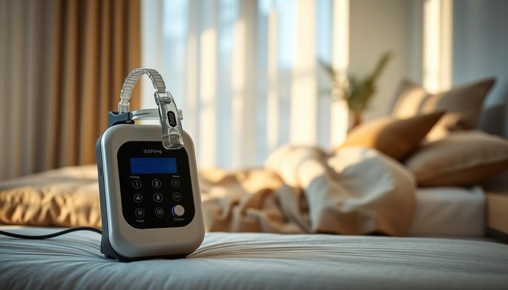 A sleek, modern sleep apnea machine placed prominently in the foreground, showcasing its intuitive design with buttons and a digital display. On the device, a flexible nasal mask is attached, highlighting functionality and comfort. In the middle ground, a calming bedroom setting with soft, ambient light filtering through sheer curtains creates a serene atmosphere. A neatly made bed with subtle textures and warm bedding establishes a sense of safety and restfulness. In the background, soft shadows are cast, enhancing depth while keeping the focus on the sleep apnea device, suggesting its role in improving sleep quality. The overall mood is tranquil and inviting, evoking a sense of hope and well-being.