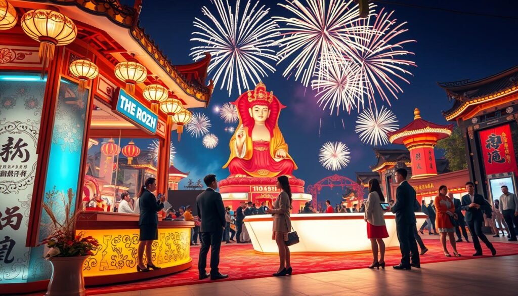 A vibrant visual design concept showcasing the fusion of UG Entertainment City with traditional Taiwanese culture. In the foreground, depict a beautifully decorated booth featuring elements inspired by Dajia Mazu Pilgrimage, with ornate lanterns and intricate patterns reflective of Taiwanese craftsmanship. For the middle ground, illustrate a festive atmosphere with people dressed in professional business attire, engaging with the interactive interface that blends modern technology with traditional motifs. In the background, include a silhouette of the iconic Mazu statue, surrounded by colorful fireworks lighting up the night sky. Use soft, warm lighting to create an inviting mood, and employ a dynamic angle that emphasizes the lively celebration and cultural richness.
