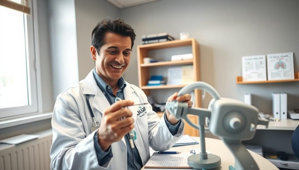 A well-lit medical examination room focused on a sleep apnea machine check. In the foreground, a healthcare professional in a white lab coat inspects a sleep apnea device, holding a small tool, with a serious yet friendly expression. The middle ground features a table with various medical equipment, including a notepad and a pen for notes. The background shows a shelf with medical books and charts on respiratory health. Soft, natural lighting from a window creates a calm atmosphere. The camera angle captures the scene from slightly above, emphasizing the importance of the task. The mood should convey professionalism and care, reflecting the essential nature of regular device checks for patient safety.