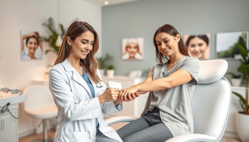 A bright, modern aesthetic clinic interior showcasing a professional, caring atmosphere. In the foreground, a confident, well-dressed female dermatologist demonstrates a non-invasive wart removal procedure on a patient’s arm, who is wearing modest casual clothing. The patient looks relaxed, seated comfortably on a sleek treatment chair. Surrounding them are high-tech medical tools and soothing decor elements like soft lighting and potted plants, creating a calm ambiance. In the background, there are soft-focus images of before-and-after results displayed on the wall, emphasizing the effectiveness of the treatment. The overall mood is reassuring and professional, with a clean and sterile environment highlighted by warm, inviting tones. Capture this scene with a medium shot, maintaining a focused yet engaging composition.