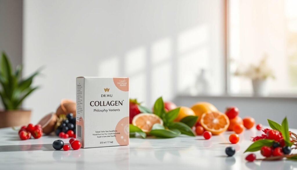 A modern, sleek product showcase featuring a box of DR.WU collagen supplements prominently displayed in the foreground. The box should be elegantly designed, showcasing a clean and sophisticated aesthetic with soft pastel colors. In the middle ground, a vibrant, fresh array of fruits and botanical ingredients, such as berries and green leaves, suggests natural health benefits and enhances the theme of nourishment. The background features a well-lit, minimalistic setting with soft, diffused lighting that creates a calming atmosphere. A hint of natural light filtering in from a nearby window adds warmth to the scene. The overall mood is inviting and professional, perfect for emphasizing the philosophy behind DR.WU's collagen recommendations.