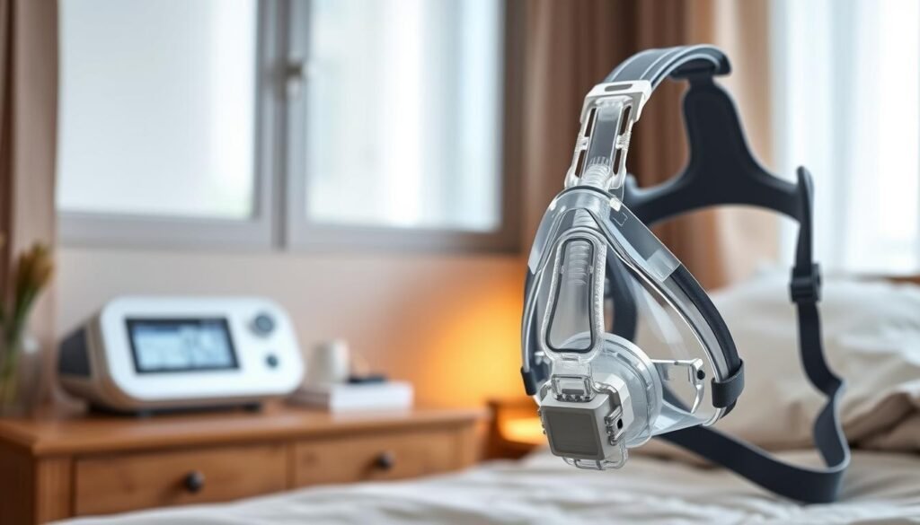 A detailed image of a CPAP nasal mask depicted in a clinical and professional setting. In the foreground, focus on a soft, silicone CPAP mask featuring adjustable straps, with delicate padding designed for sensitive skin. Highlight the texture of the material and the snug fit without any discomfort. In the middle ground, place a wooden bedside table with a CPAP machine, softly illuminated by warm, ambient lighting showcasing usability. In the background, an airy, well-lit bedroom emphasizing a serene atmosphere, with a bed dressed in soothing colors. The overall mood should convey comfort and efficiency, suitable for individuals seeking relief from sleep apnea while being mindful of sensitive skin.