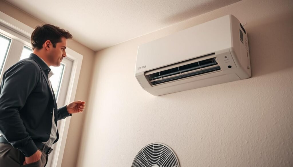 A focused scene depicting a professional technician examining a residential air conditioning unit that has been recently repaired. In the foreground, the technician, dressed in smart casual clothing, is inspecting a wall near the unit for signs of moisture, mold, or water damage. The middle ground shows the air conditioning unit itself, slightly ajar to illustrate ongoing maintenance. In the background, the room has a subtle ambiance, with soft natural light pouring in through a window, highlighting the textures of the wall and ceiling. The atmosphere should convey a sense of care and diligence in home maintenance, emphasizing the importance of thorough checks after repairs. Make sure the image is clean, professional, and devoid of any distractions or watermarks.