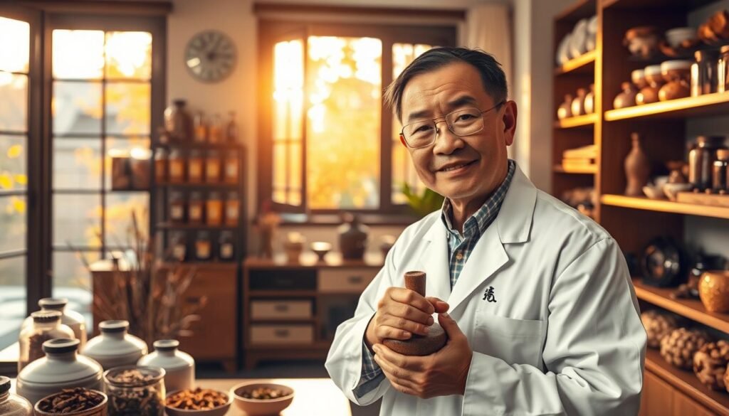 A serene and inviting traditional Chinese medicine clinic set in Shatin during autumn. In the foreground, a compassionate, middle-aged Chinese doctor in a white lab coat is blending herbal ingredients in a mortar and pestle, symbolizing natural ways to boost immunity. The middle of the scene shows shelves filled with jars of medicinal herbs and dried mushrooms, with warm sunlight streaming through the window, casting a golden glow on the room. In the background, a peaceful garden visible through the window showcases colorful autumn leaves, enhancing the tranquility of the space. The atmosphere is calm and professional, encouraging a sense of health and wellness. The image should capture the essence of holistic health practices without any text or distractions.