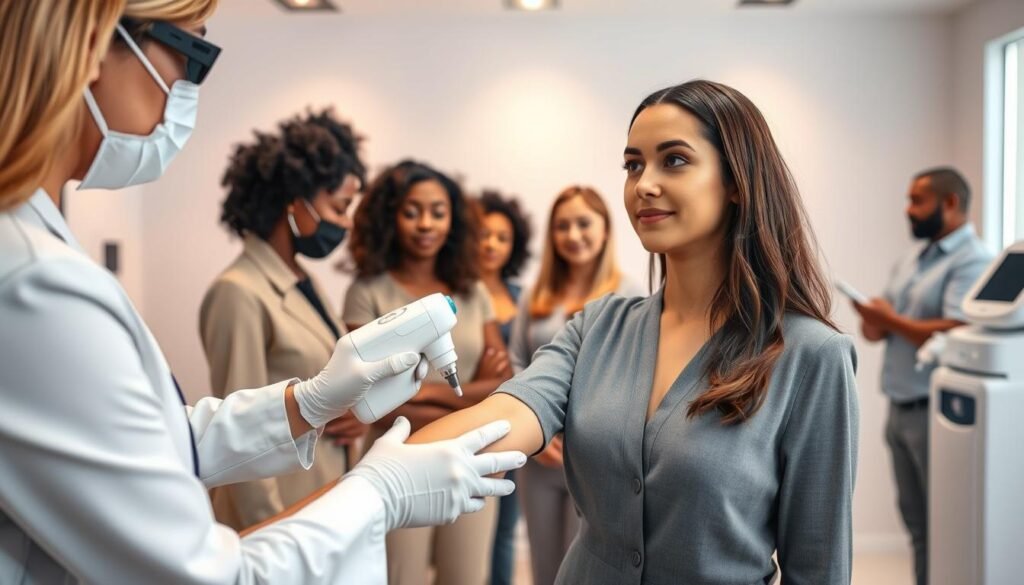 A serene and professional setting showcasing a diverse group of individuals receiving laser hair removal treatments. In the foreground, a skilled technician applies the latest sapphire cooling technology to a patient’s arm, emphasizing comfort and safety. The patient, wearing modest, professional attire, expresses a relaxed demeanor. In the middle ground, we see additional clients of varied ethnic backgrounds, some in consultation with technicians about their suitability for the procedure. The background features a modern clinic with soothing colors, soft lighting, and high-tech equipment, creating an atmosphere of trust and professionalism. The image reflects a calm and welcoming environment, highlighting the advancements in laser hair removal technology while ensuring all individuals are depicted safely and respectfully.