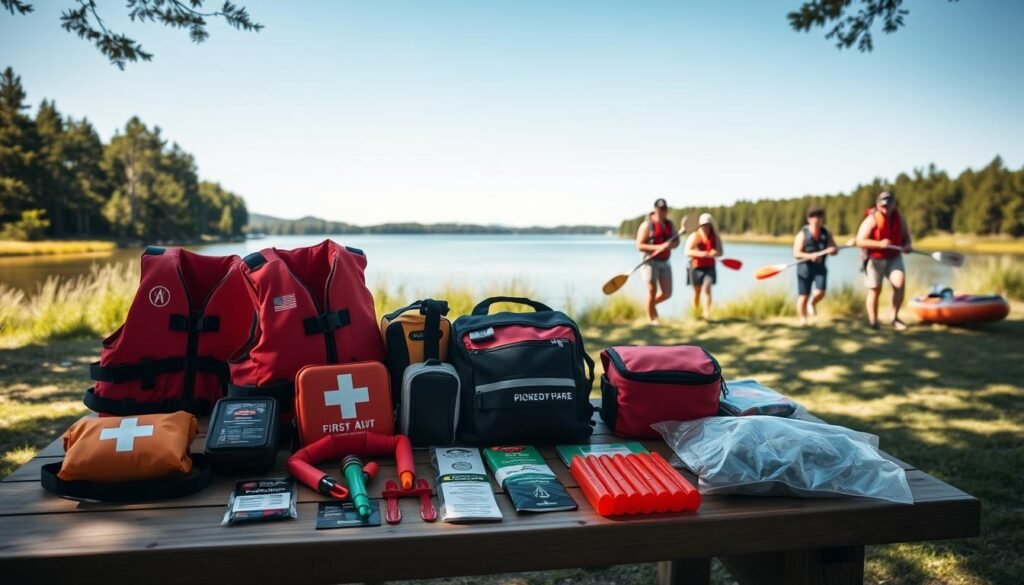 A serene outdoor scene depicting a variety of recommended outdoor safety gear for American purchasing, including life jackets, first Aid kits, and emergency flares. In the foreground, a well-organized display of these items is arranged on a wooden picnic table. In the middle ground, a tranquil lake is visible, reflecting a clear blue sky and surrounded by lush green trees. In the background, a group of friends, dressed in modest casual clothing, are joyfully engaging in outdoor activities such as kayaking and hiking. Soft, natural lighting enhances the inviting atmosphere, and the scene is captured from a slightly elevated angle, providing a comprehensive view of the gear and activities. The overall mood is adventurous and encouraging, perfect for selecting outdoor safety items.