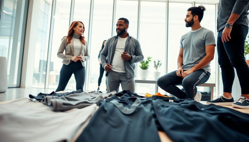 A well-organized comparison image showcasing the advantages of smilelong in sports functional pants against other American purchasing companies. In the foreground, a diverse group of three professional figures (a Caucasian female, a Black male, and a Hispanic male) dressed in stylish, modest athletic wear, engaging in a discussion with a focus on active lifestyle. The middle ground highlights various sports functional pants laid out, showing their different features and styles, including breathable fabric and ergonomic designs. In the background, a bright, modern office space with large windows, soft natural lighting illuminating the scene, creating an energetic and inspiring atmosphere. The angle is slightly from above to capture both the people and the products effectively, emphasizing the importance of choice in activewear.