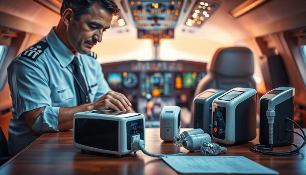 A focused scene depicting a pilot in a professional setting, contemplating the selection of a sleep apnea machine and respiratory device. In the foreground, the pilot, dressed in a crisp uniform with a soft expression, examines a sleek, modern sleep apnea machine placed on a wooden desk. In the middle ground, various respiratory machines are displayed neatly on the desk, showcasing different styles and features. The background features a softly illuminated airplane cockpit, emphasizing an aviation theme with charts and instruments. Warm lighting enhances the mood, creating a thoughtful and informative atmosphere. Capture the image with a shallow depth of field to keep the pilot and equipment in sharp focus while subtly blurring the cockpit.